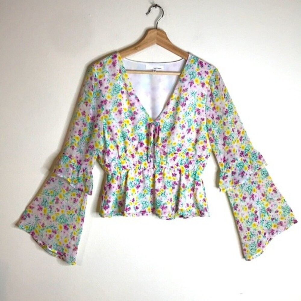 June & Hudson‎ Floral ruffled boho Bell Sleeve Blouse Ladies medium